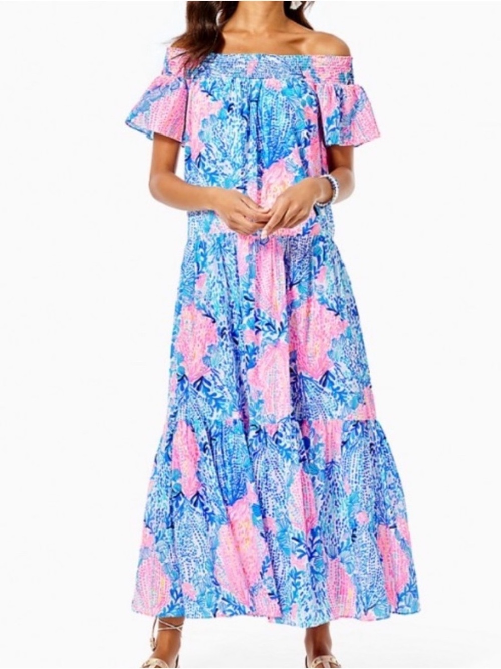 Lilly Pulitzer Off-Shoulder Maxi Dress in Blue and Pink Floral Print